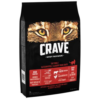CRAVE tørrfôr til voksne katter med storfekjøtt og kylling