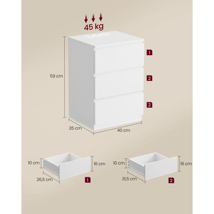 VASAGLE Table de Chevet avec Multiprise, Lot de 2, Table d’Appoint avec 3 Tiroirs, 2 Prises CA, 2 Ports USB, Blanc Nuage