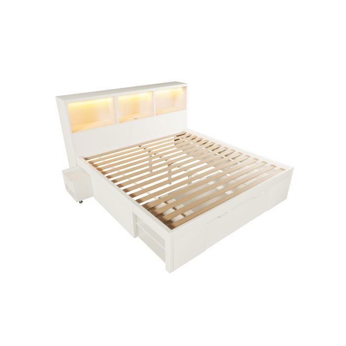 Lit adulte 140x190 cm - Lit double - Avec tête de lit avec LED, USB et Type C - Avec tiroir et chevets - Blanc - Sans matelas