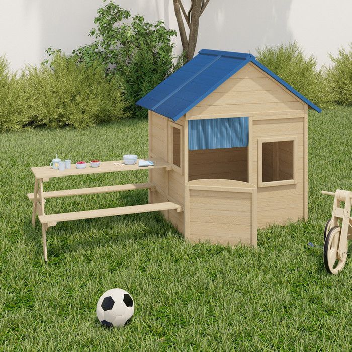 IDMARKET Maisonnette enfant en bois ODYSSEY, cabane de jeux extérieure avec table de pique-nique intégrée