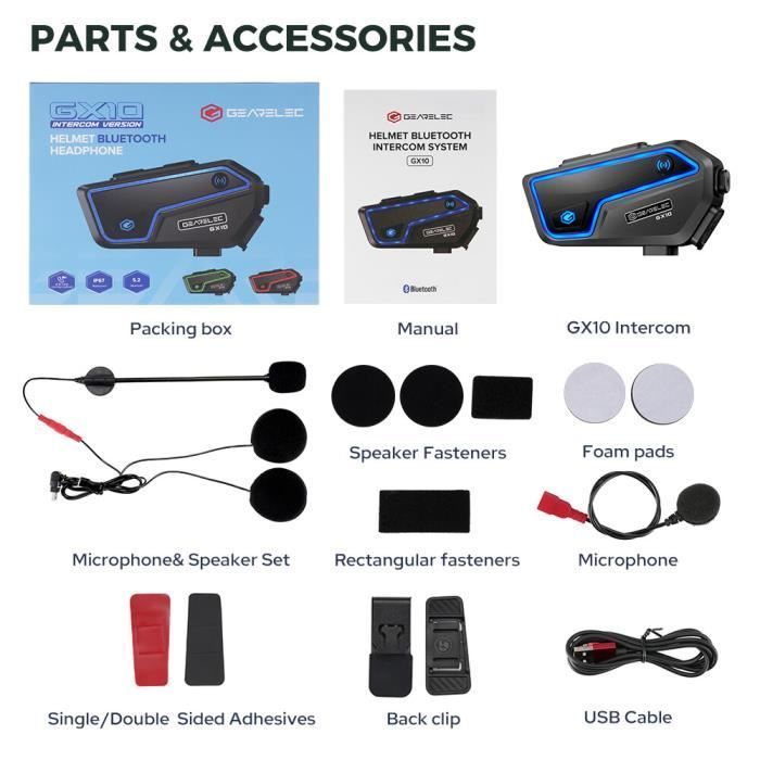 Intercom Moto Bluetooth - GEARELEC - GX10 - Étanche IP67 - BT 5.2 - 25h Autonomie Appel