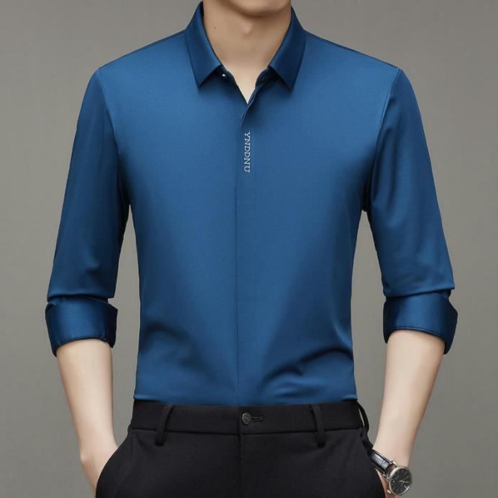 Camisa formal de vestir para hombre, manga larga, elástica, corte regular, sin costuras, tejido resistente a las arrugas, color liso - Blanco