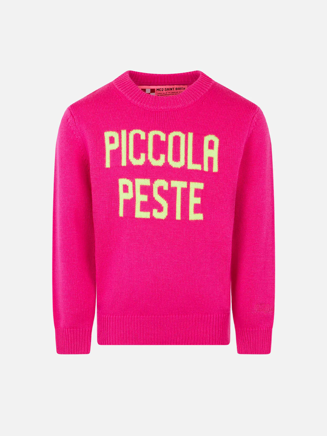 Neonroze trui voor meisjes met neongele Little Pest-borduurwerk.