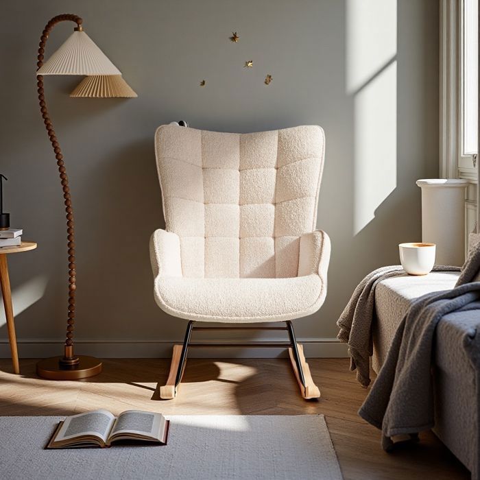 Fauteuil à bascule,Fauteuil de Relaxation avec pieds en hêtre,rocking chair,tissu en teddy fleece,pour salon chambre et balcon,beige