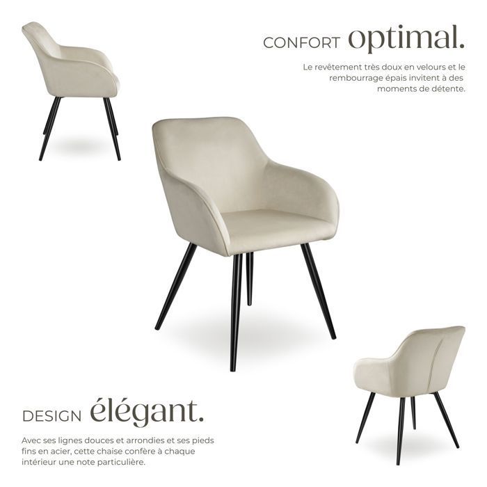 Chaise - TECTAKE - Fauteuil de salle à manger MARYLIN en velours avec pieds en acier noir - Crème/Noir