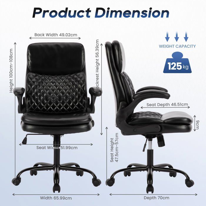 Silla de oficina ergonómica de cuero con altura ajustable, respaldo reclinable y cómodos reposabrazos (negra).