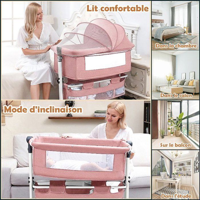 Lit Bébé Berceau Cododo pour Bébé 0-36 Mois, Hauteur Réglable Lit Cododo avec Matelas Moustiquaire Panier de Rangement Roues - Rose