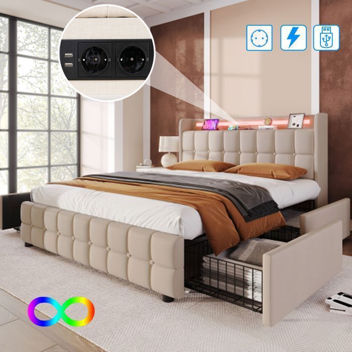 Cama doble LUMINARIX de 180x200 cm - Beige - LED y USB - 4 cajones - Diseño contemporáneo