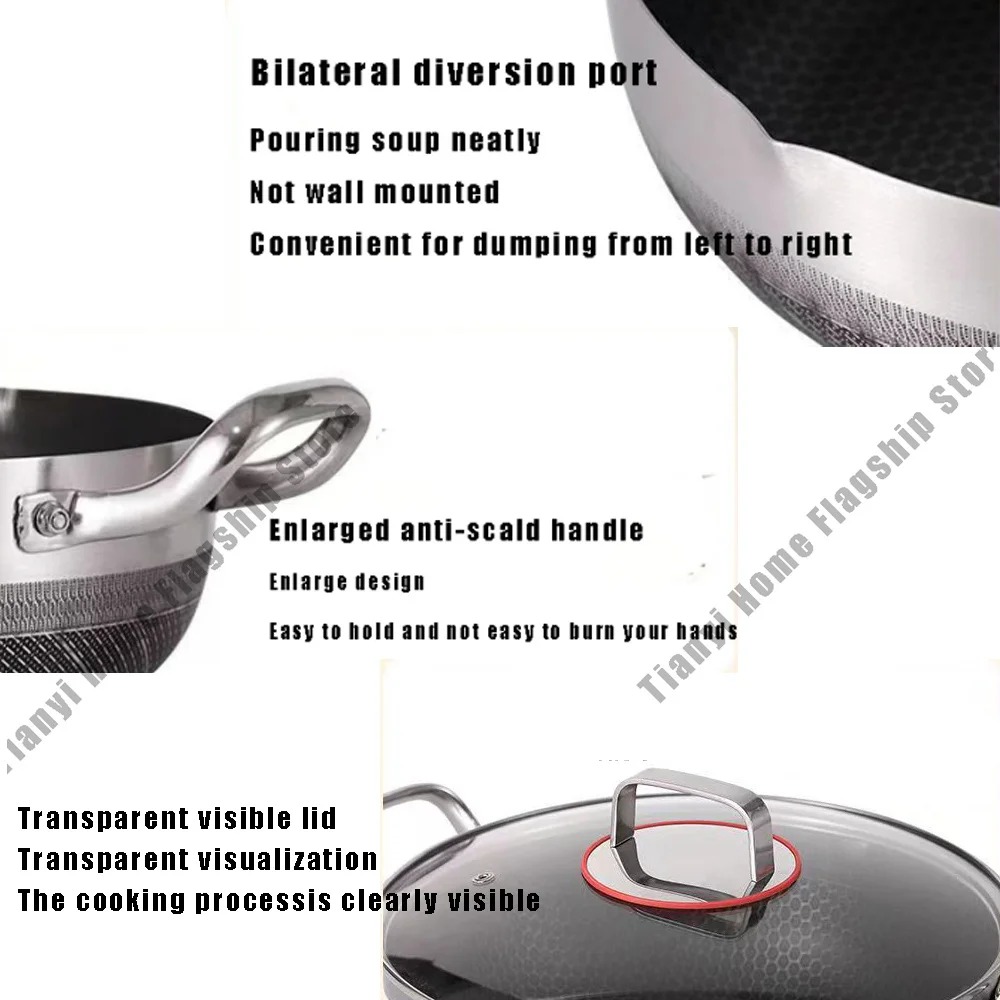 Poêle à frire antiadhésive de 26 cm, wok, casserole à soupe en acier inoxydable avec couvercle, compatible avec les plaques à induction et à gaz, ustensiles de cuisine durables