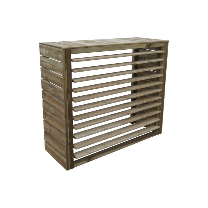 Cubierta de madera grande para aire acondicionado con lamas móviles.
