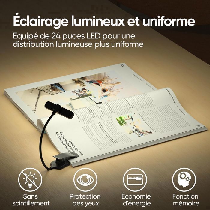 Lampe de Lecture, 24 LED Liseuse Clip Rechargeable, 3 Couleurs & 5 Luminosité, 360° Cou Flexible, Portable pour Lire au Lit, Noir