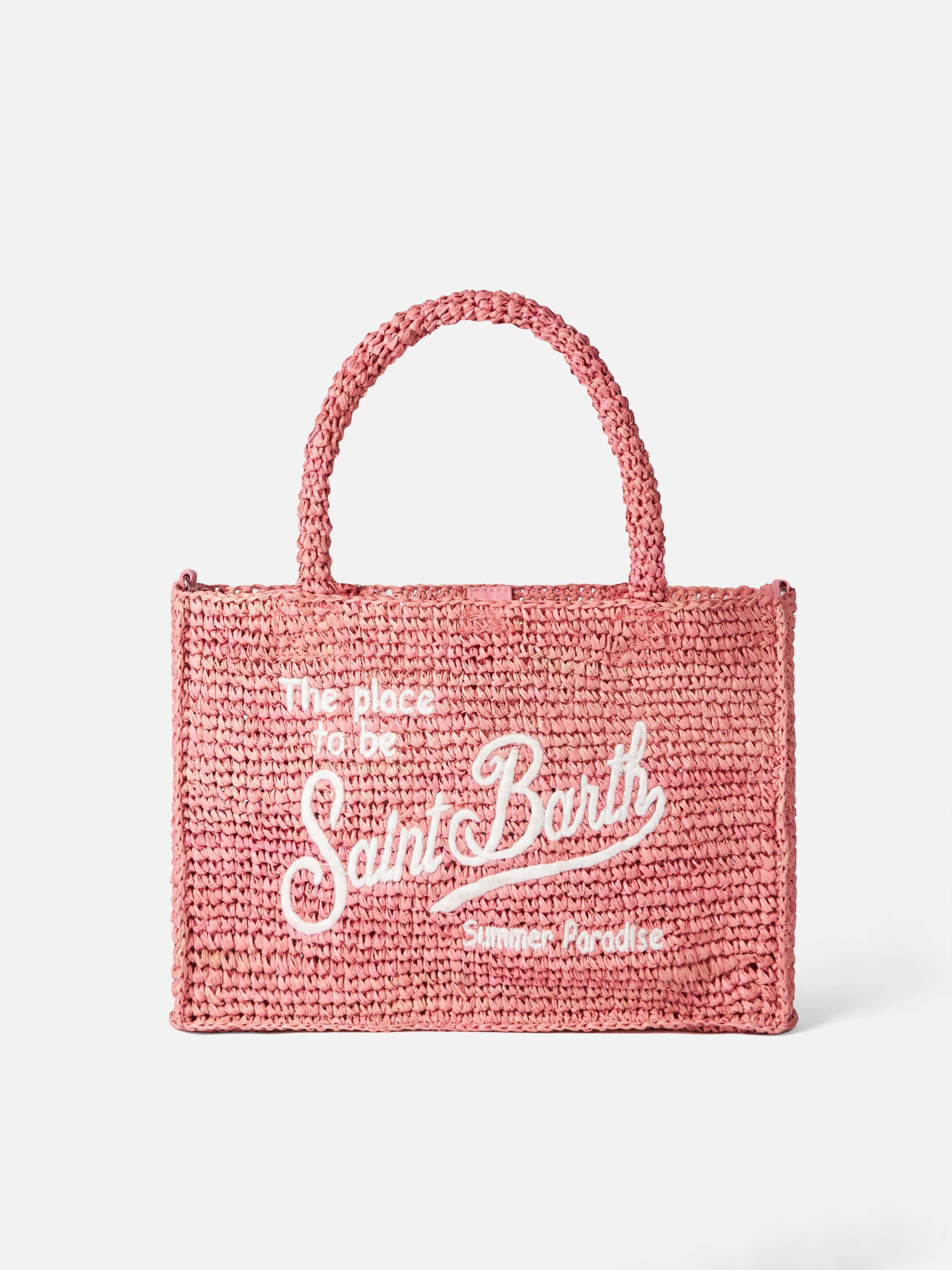 Colette-tas van roze raffia met Saint Barth-borduurwerk.