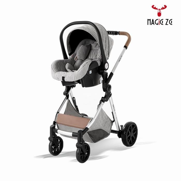 Carrinho de Bebê 3 em 1 MagicZC, Sistema de Viagem para Recém-Nascidos, Bolsa para Mamãe, Encosto Ajustável, 0-3 Anos, Dobrável, Cinza Claro