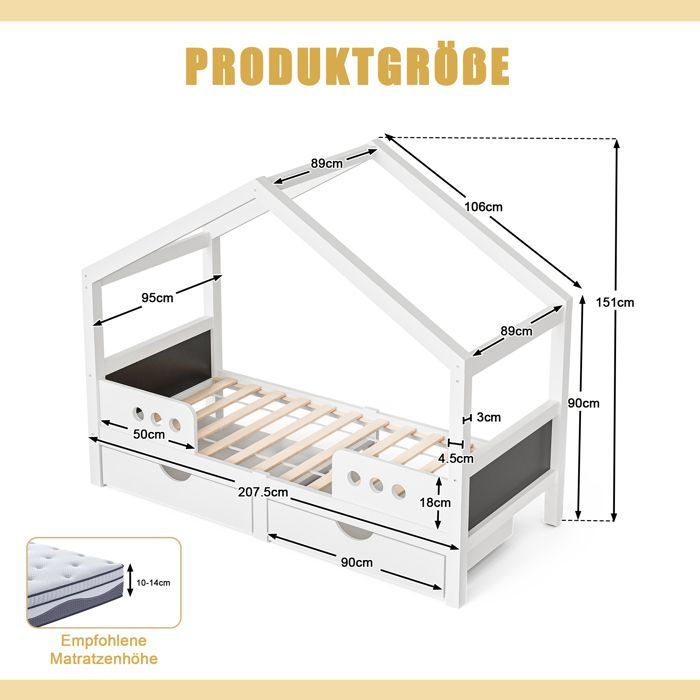 Cama infantil blanca de 90 x 200 cm, cama tipo litera con tablero de dibujo, 2 amplios cajones de almacenamiento y diseño de techo - Madera maciza + MDF
