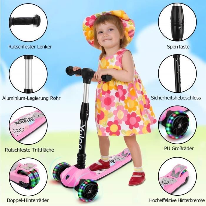 Trottinette 3 Roues Enfant YOLEO® Hauteur Réglable 65 à 78 cm Avec LED Roules Rose