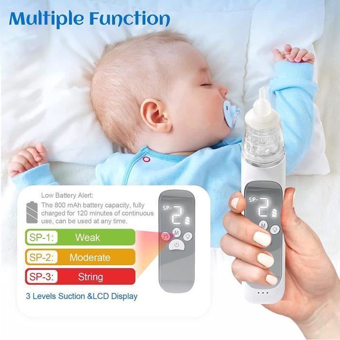 Elektrische neusaspirator voor baby's, neusaspirator met 3 zuigstanden, licht, muziek en 3 herbruikbare opzetstukken voor baby's