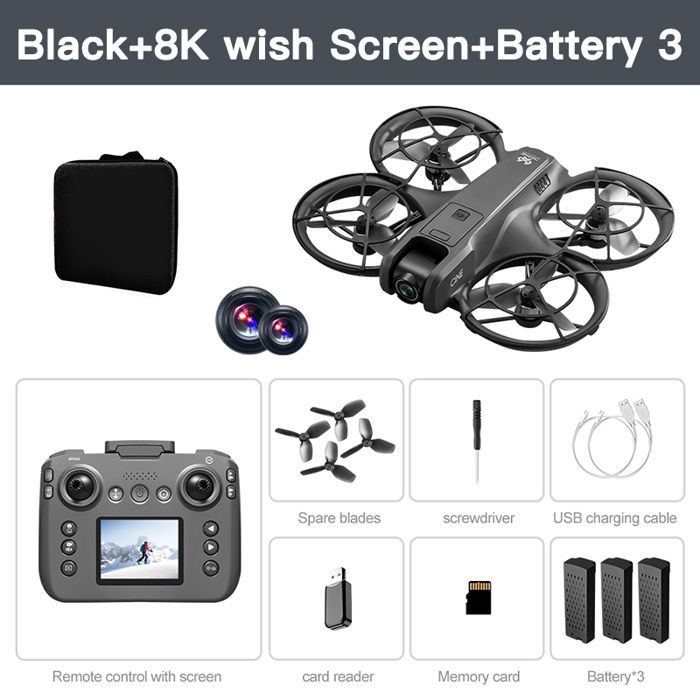 Minidrone, sort batteri, 8K video, 3 professionelle luftkameraer, dobbelte intelligente kameraer, forhindringsundgåelse, børsteløs quadcopter til børn