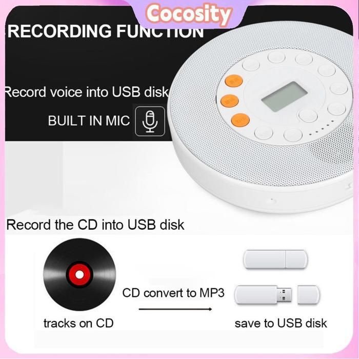 Reproductor de CD Cocosity con altavoz, reproductor de CD portátil, reproductor de CD de escritorio recargable de 2000 mAh para reproductores de vídeo