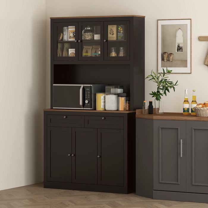 Aparador alto de cocina - HOMCOM - 6 puertas, 2 cajones, estantes ajustables - MDF y aglomerado - 100x40x180cm - negro