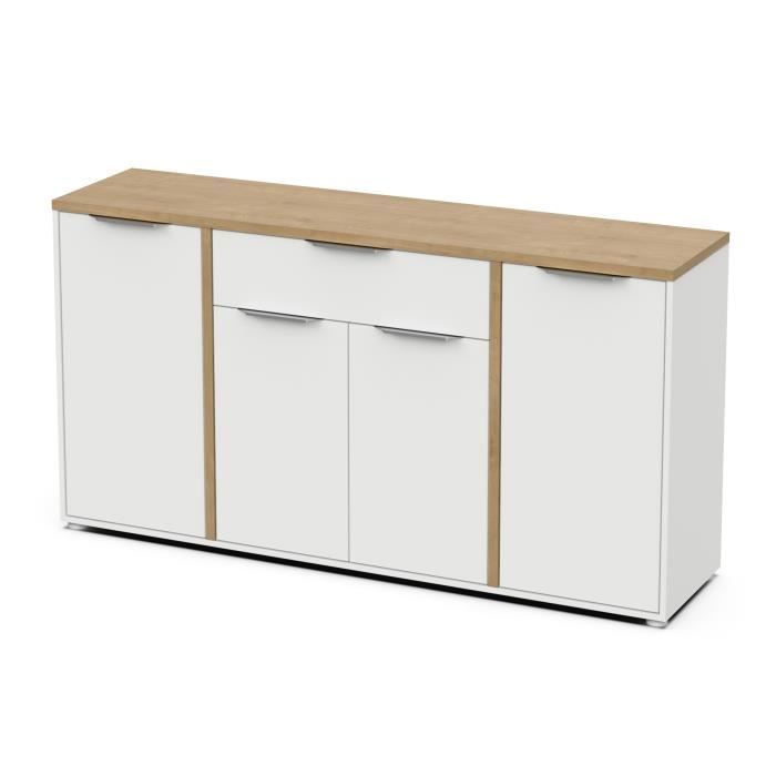 Conjunto de salón ACCESS: Mesa de centro + mueble para TV + aparador de 4 puertas - Acabado en roble Hamilton y blanco