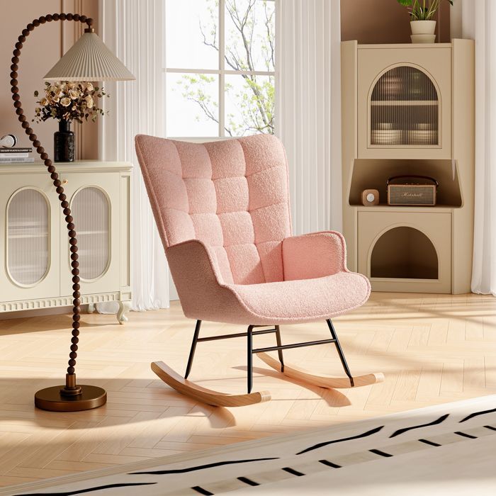 Sedia a dondolo imbottita, sedia a dondolo per allattamento, tessuto in velluto effetto orsetto, supporta fino a 120 kg, stile elegante, rosa