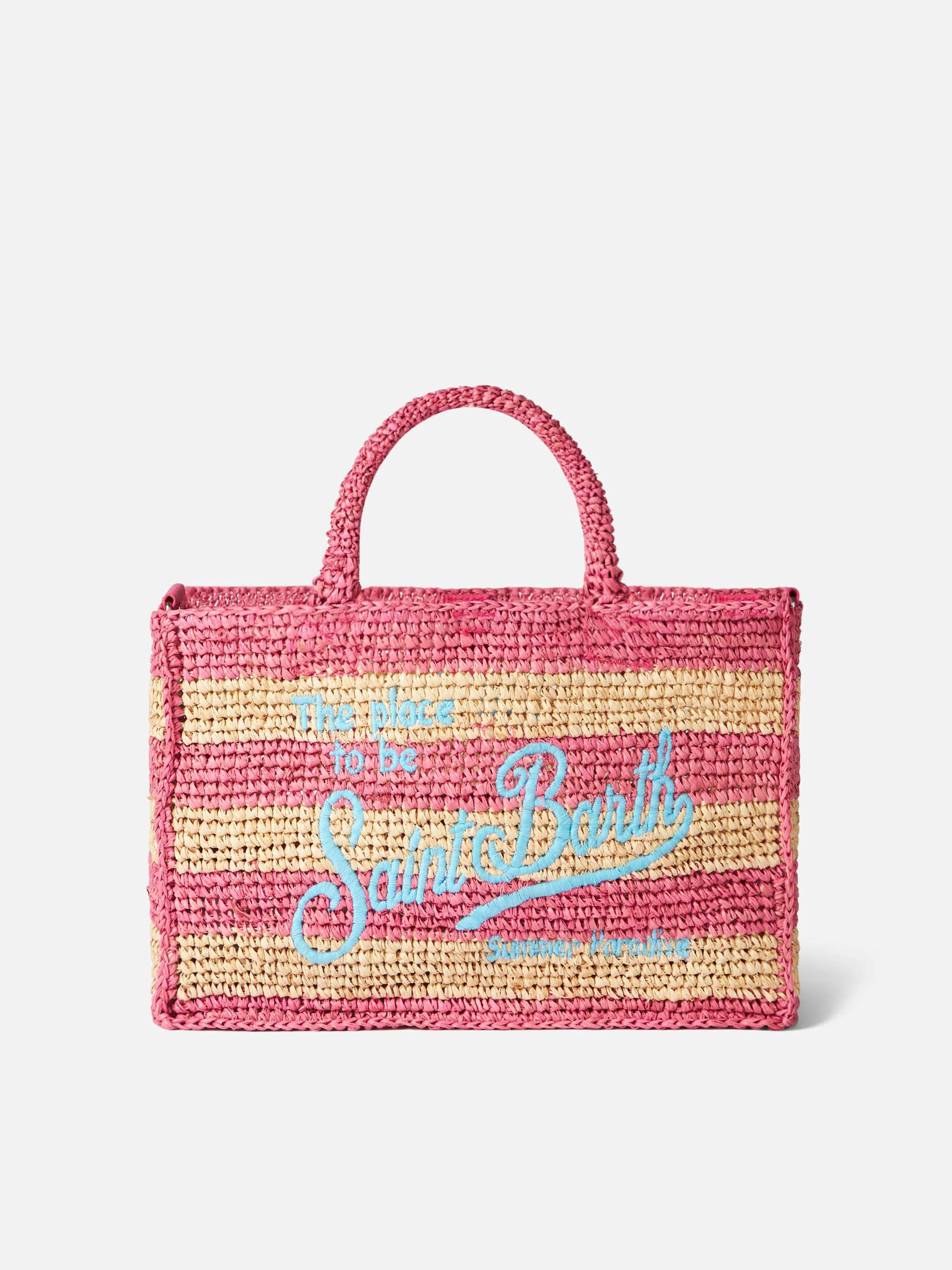 Roze en wit gestreepte raffia Colette tas