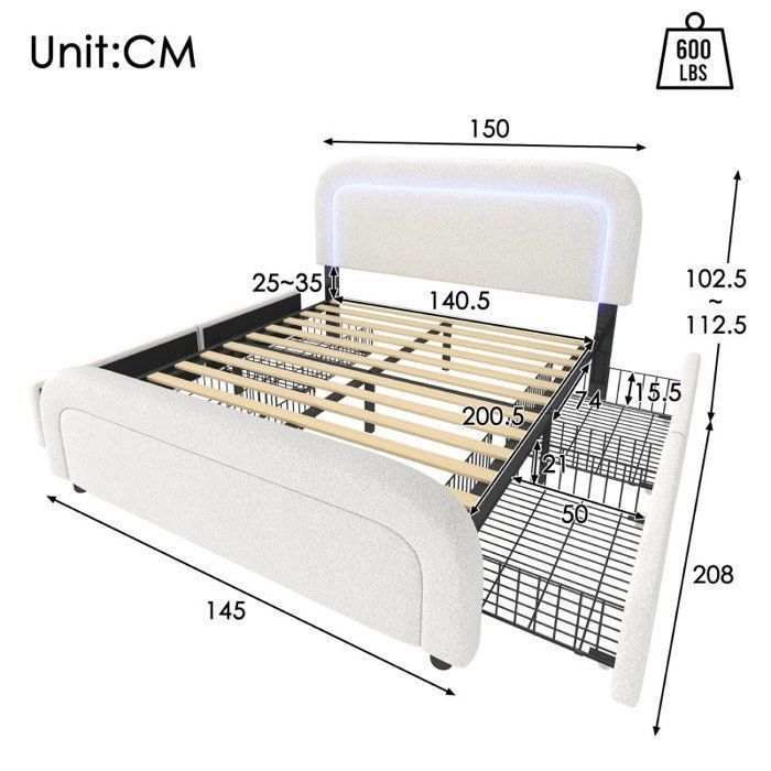 Cama de 160x200 - LANGTU - Cama Sherpa con almacenamiento - 4 cajones - Puertos USB y Tipo-C - LED integrado