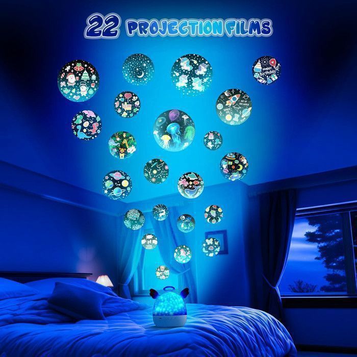 Lámpara de noche para bebés y niños: 22 películas proyectadas, 20 canciones, 8 modos de iluminación, rotación de 360°.
