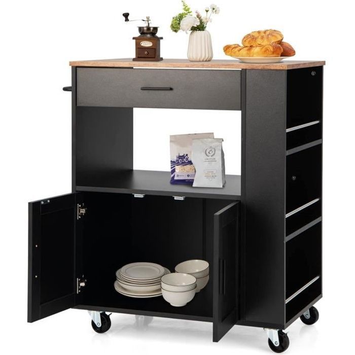 GIANTEX Kitchen Trolley on Wheels, Island Serving Cart 82x50x92cm with Drawer, Cabinet with Door and 3 Side Shelves, Black