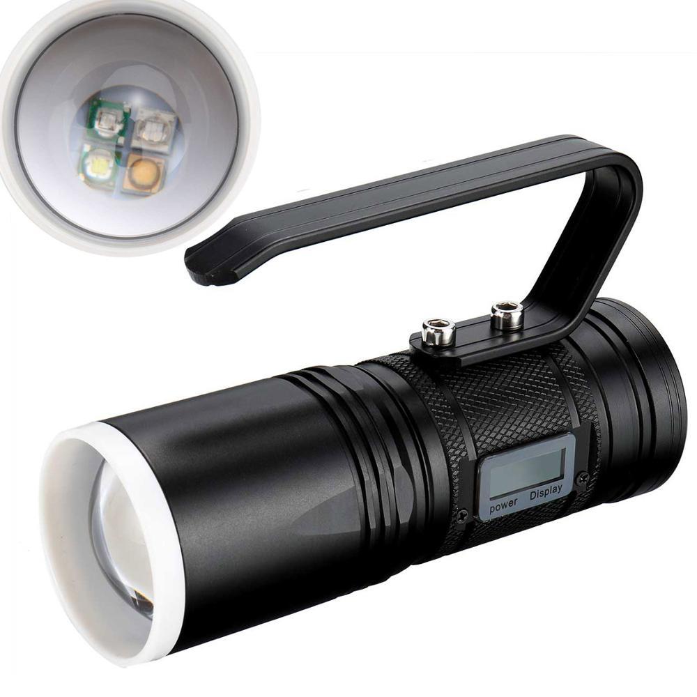 Oppladbar, innebygd LED-lommelykt med 18650-batteri, 8000 lumen, 4 x Q5 LED-fiskelykter, blått/lilla/gult/hvitt lys, 12 moduser