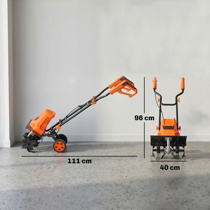 Motocultor eléctrico de 1500 W, 6 cuchillas, 65 mm de ancho, 40 cm de profundidad, 20 cm, plegable e impermeable IPX4, color naranja.