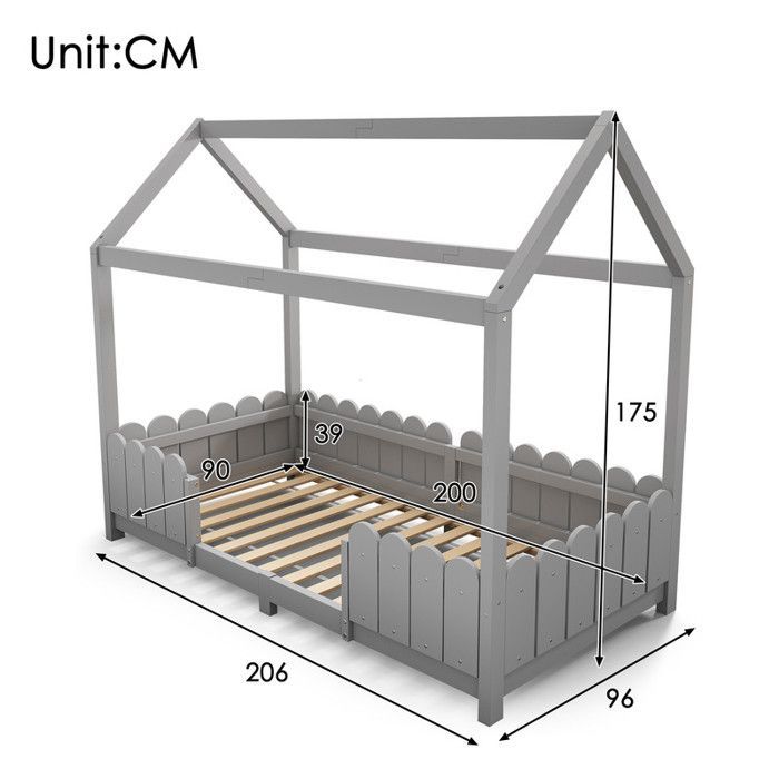 Lit enfant - Maison - Bois massif - Gris - Protection contre les chutes