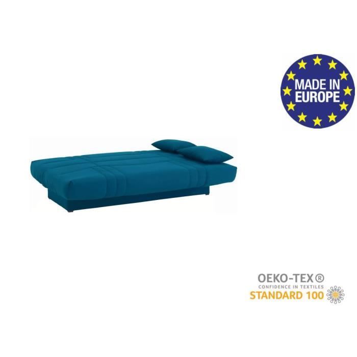 Divano letto a 3 posti con meccanismo click-clack - Tessuto blu anatra - L 190 x P 92 cm - DREAM - Stile contemporaneo