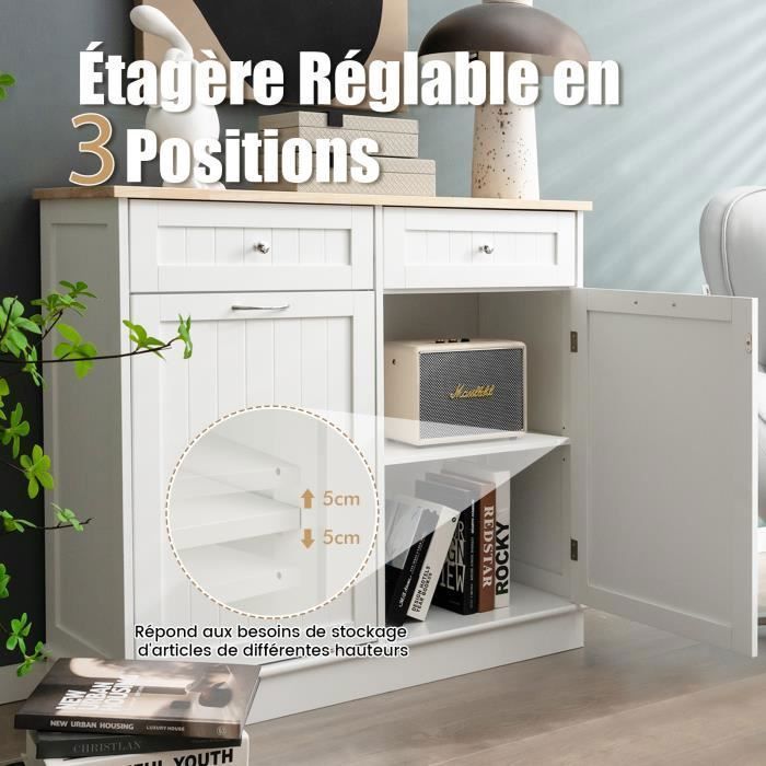 COSTWAY Buffet de Cuisine avec Plateau en Caoutchouc, 2 Tiroirs, Étagère Réglable et Placard pour Accueillir Poubelle 42 L, Blanc