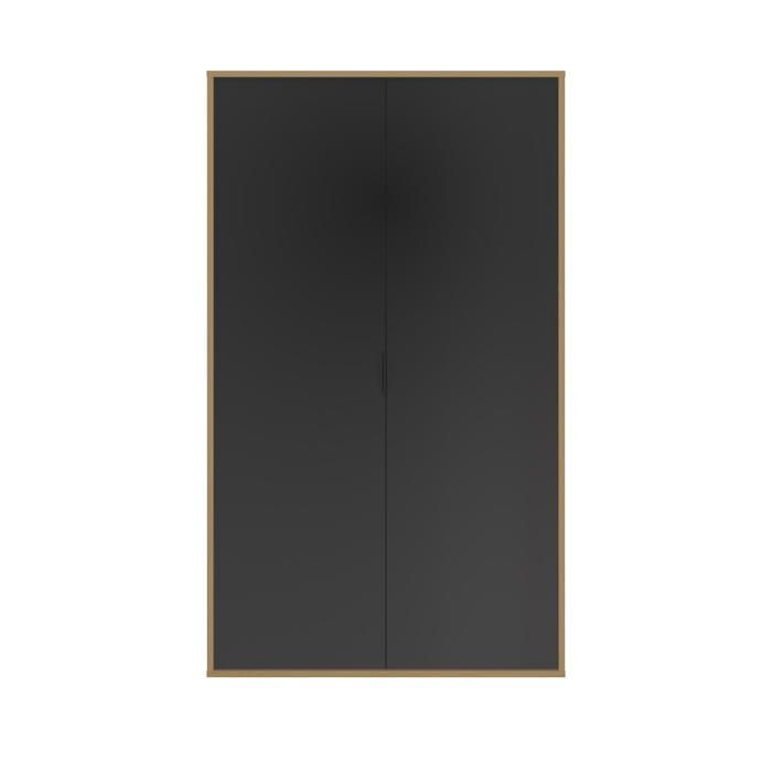 Armario de dos puertas con acabado en madera negra mate, barra para colgar ropa y estantes.
