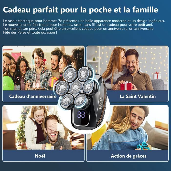 Rasoir Électrique - FOSMET - 5 en 1 - Têtes Rotatives - Écran LED - IPX7 Étanche