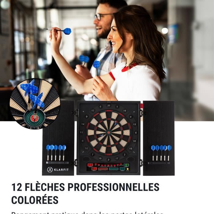 Jeu de fléchettes - KLARFIT Dartmaster 180 - Porte avant avec 12 flèches & 24 pointes de flèche Alimentation - Montage mural - Néon