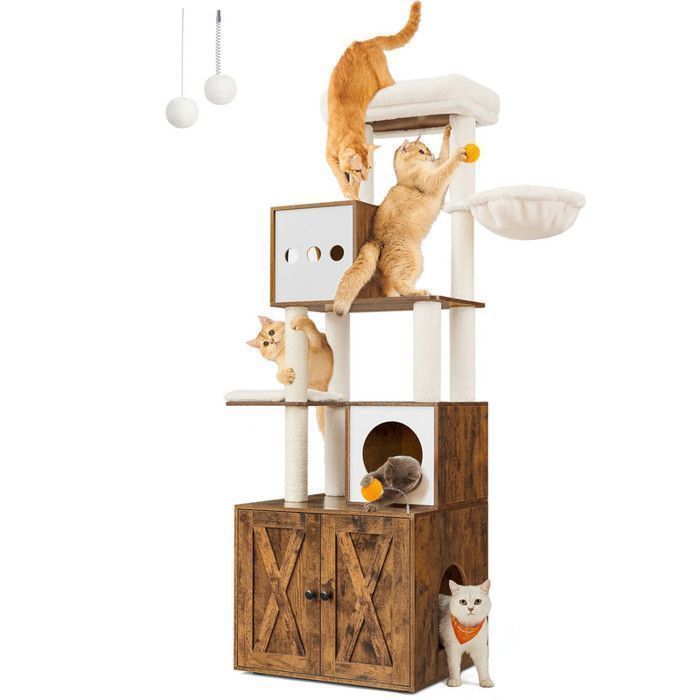 Cat Tree - FEANDREA - Modern with Litter Box, Play Tower and Scratching Post - 180 cm - Rustic Brown