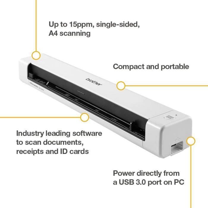Brother DS-640 Scanner Mobile | A4 | Alimentation USB |15 ppm | Couleur | Noir/Blanc | Dsmobile | Scan to USB