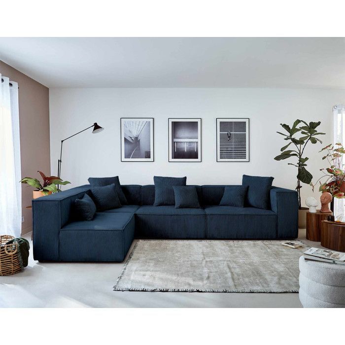 Colombine - Sofá modular de canto esquerdo - 6 lugares - em veludo cotelê - Azul meia-noite