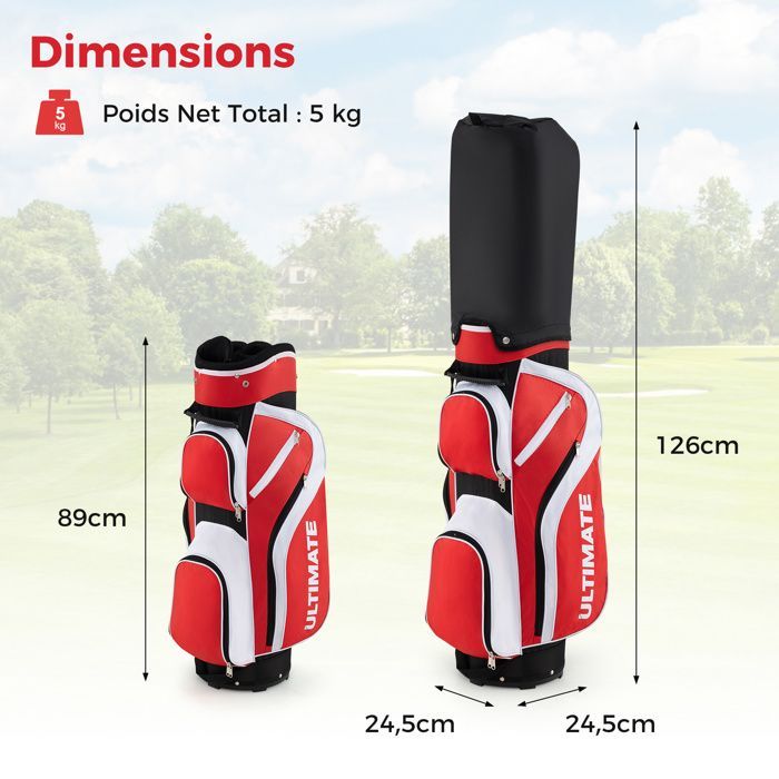 Bolsa de golf trípode para mujer COSTWAY, juego de 9 palos de golf con bolsa de transporte portátil y 3 protectores de cabeza rojos.