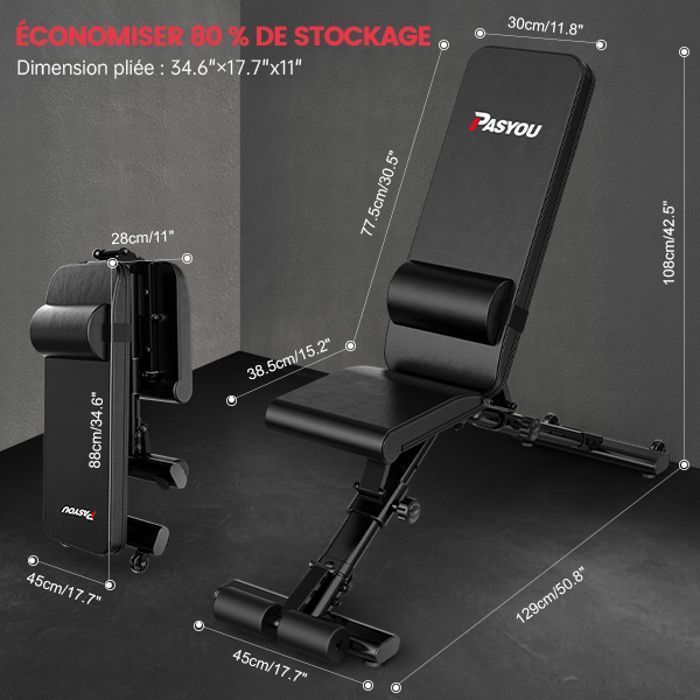 Weight bench - PASYOU - PA500 - Foldable - Adjustable (7 positions) - Load capacity 400 kg