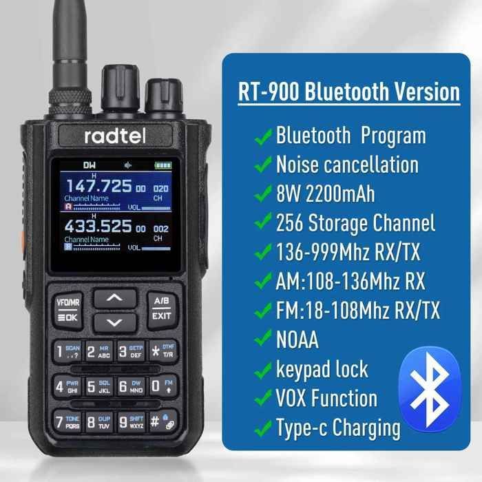 Radioaficionado Radtel RT-900 de 8 W, walkie-talkie de banda completa, 256 canales, estación de radio aérea - Versión Bluetooth - EURO -B
