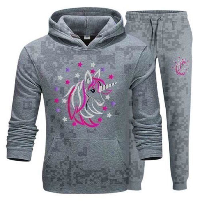 Mädchen-Jogginganzug – Multisport – Graues Einhorn – Elastischer Bund – Lange Ärmel – Atmungsaktiv