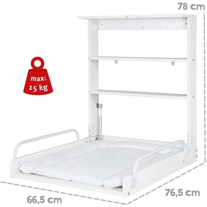 Table à langer murale rabattable - ROBA - Matelas imperméable inclus - 2 Étagères intégrées - Bois Laqué Blanc