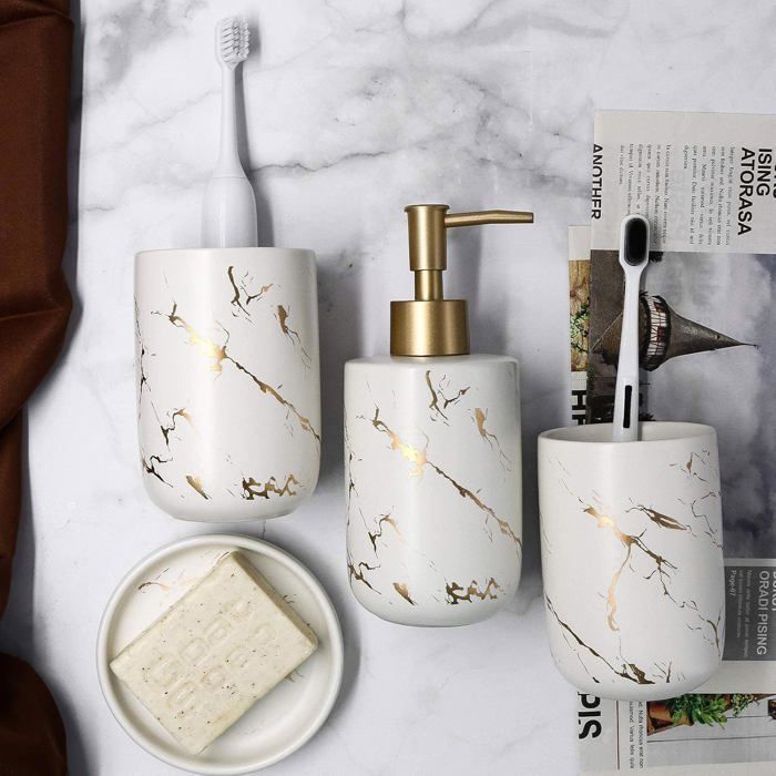 Set van 4 keramische badkameraccessoires met zeepdispenser, bekers en zeepbakje (wit)