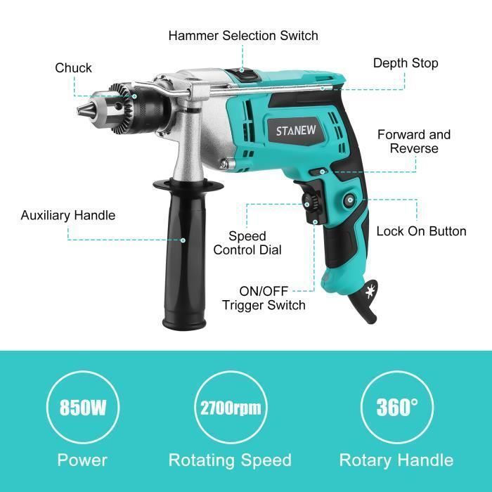Taladro percutor con cable - STANAW - STANAW - 850 W - Portabrocas de 0-13 mm - Mango giratorio de 360°