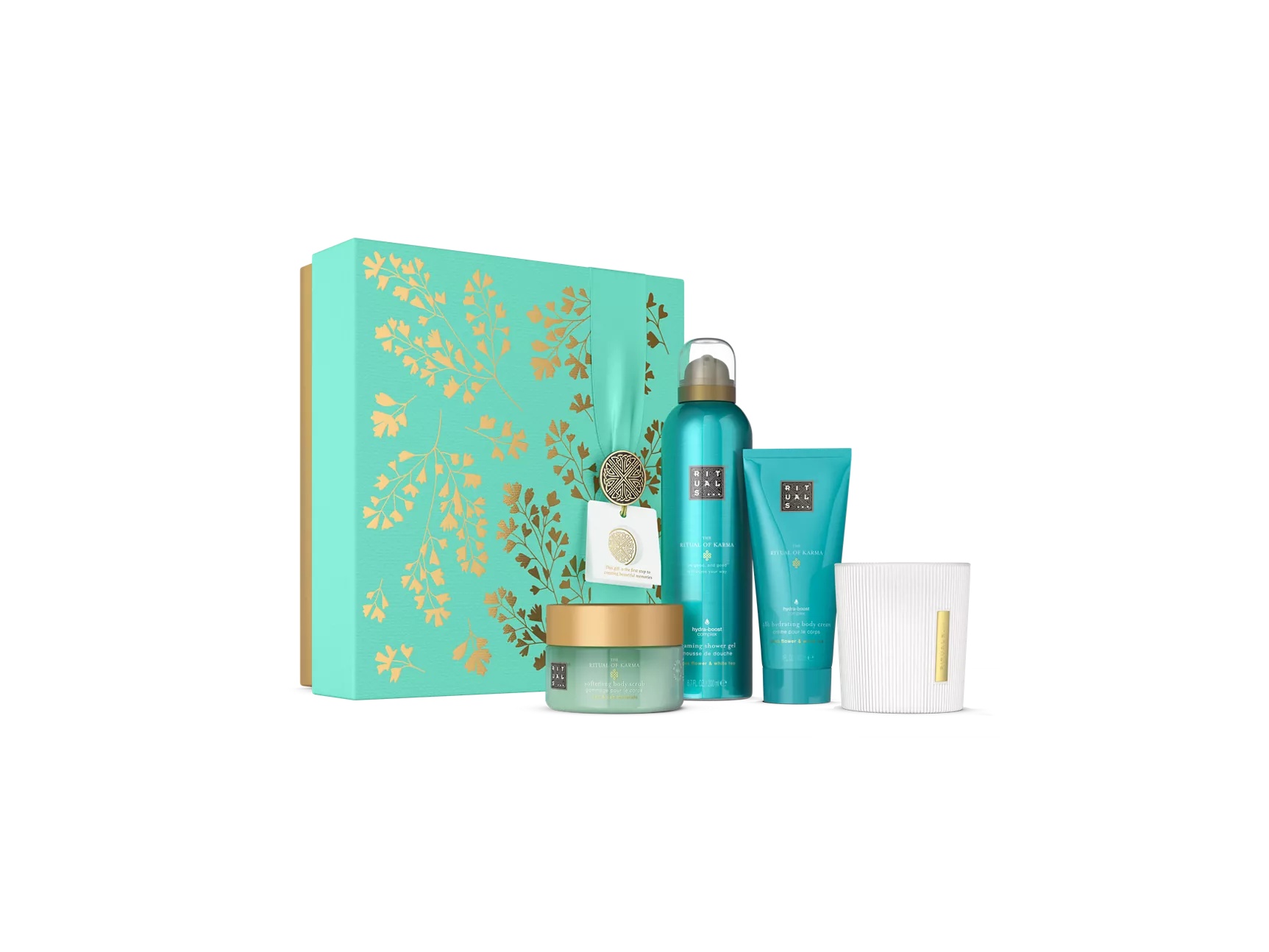 Set cadou The Ritual of Karma M schuimende douchegel 200 ml, crema de corp 100 ml, exfoliant de corp 125 g, kaars 140 gr
