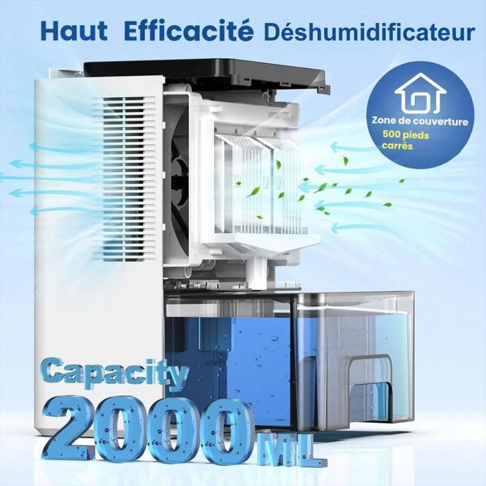 Deumidificatore d'aria portatile antimuffa da 2000 ml con sbrinamento automatico e timer per casa, bagno, camera da letto e armadio.