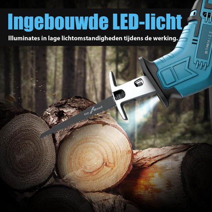 Draadloze reciprozaag, 3500 slagen/min, borstelloze motor, met 2 x 3,0 Ah accu's en lader, voor het zagen van hout.